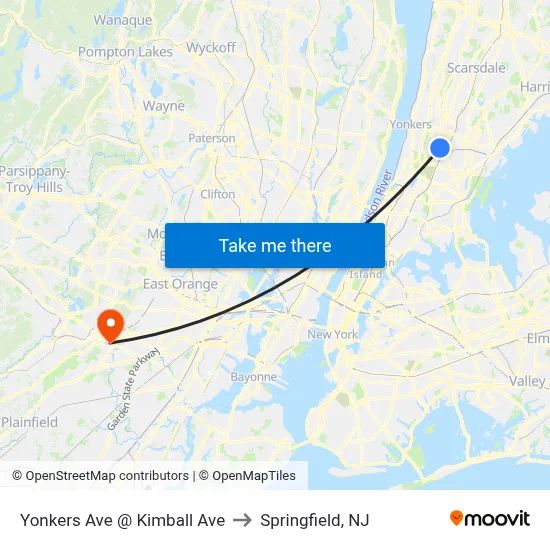 Yonkers Ave @ Kimball Ave to Springfield, NJ map