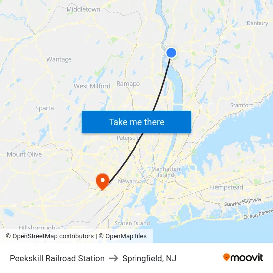 Peekskill Railroad Station to Springfield, NJ map