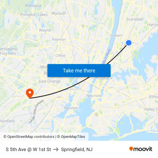 S 5th Ave @ W 1st St to Springfield, NJ map