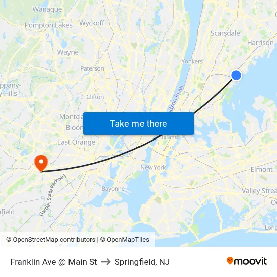 Franklin Ave @ Main St to Springfield, NJ map