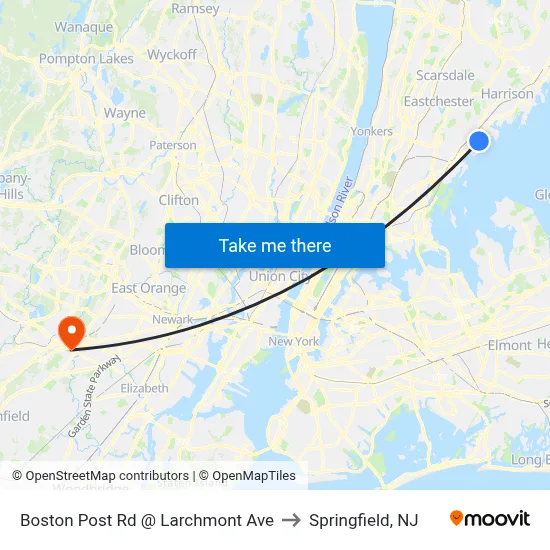 Boston Post Rd @ Larchmont Ave to Springfield, NJ map
