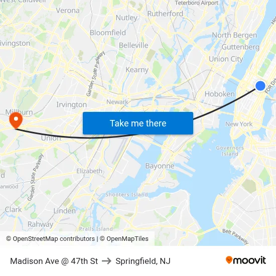 Madison Ave @ 47th St to Springfield, NJ map