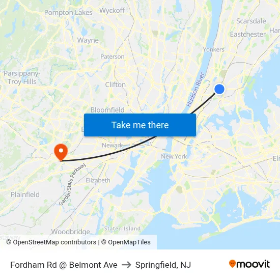 Fordham Rd @ Belmont Ave to Springfield, NJ map