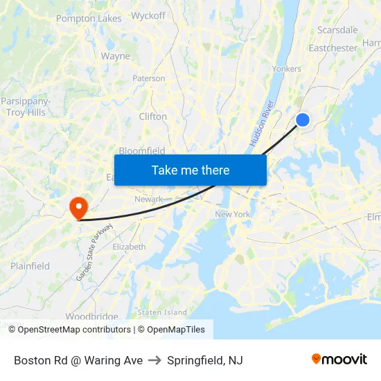 Boston Rd @ Waring Ave to Springfield, NJ map