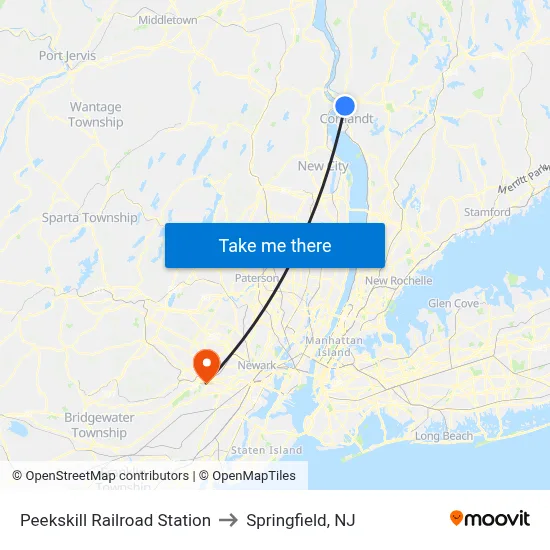 Peekskill Railroad Station to Springfield, NJ map