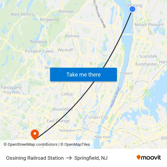 Ossining Railroad Station to Springfield, NJ map