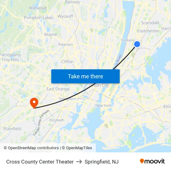 Cross County Center Theater to Springfield, NJ map