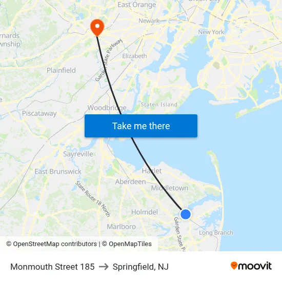 Monmouth Street 185 to Springfield, NJ map