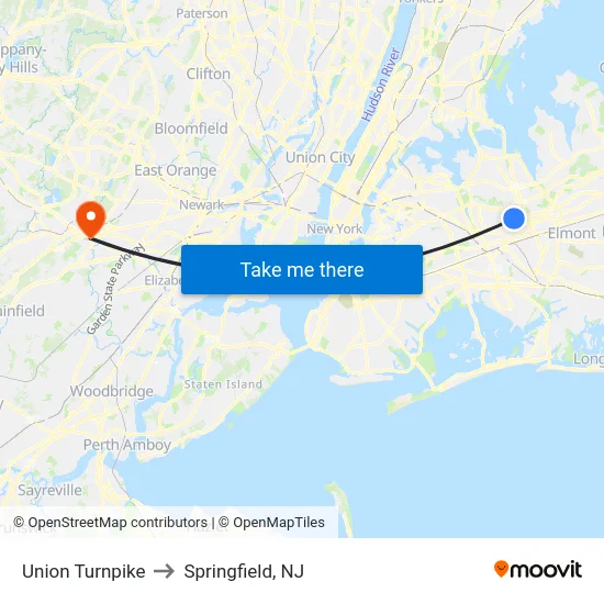 Union Turnpike to Springfield, NJ map