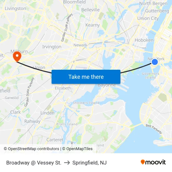 Broadway @ Vessey St. to Springfield, NJ map