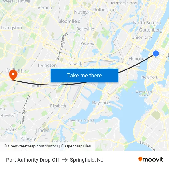 Port Authority Drop Off to Springfield, NJ map