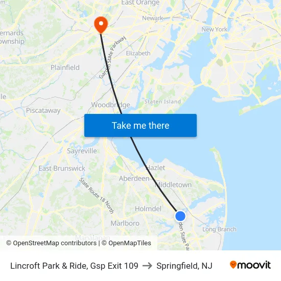 Lincroft Park & Ride, Gsp Exit 109 to Springfield, NJ map