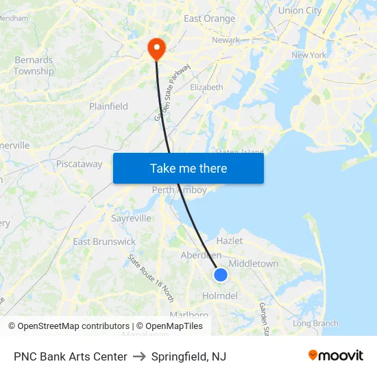 PNC Bank Arts Center to Springfield, NJ map