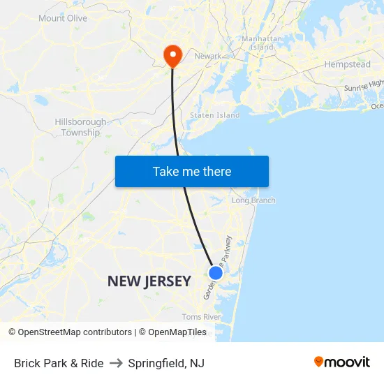 Brick Park & Ride to Springfield, NJ map
