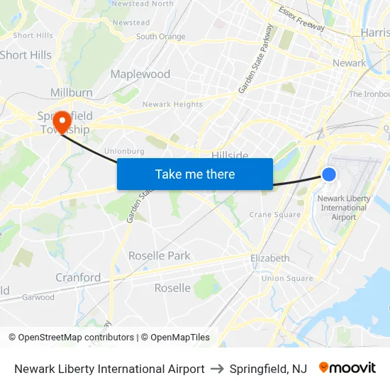 Newark Liberty International Airport to Springfield, NJ map