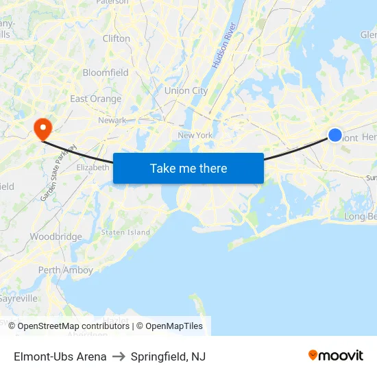 Elmont-Ubs Arena to Springfield, NJ map