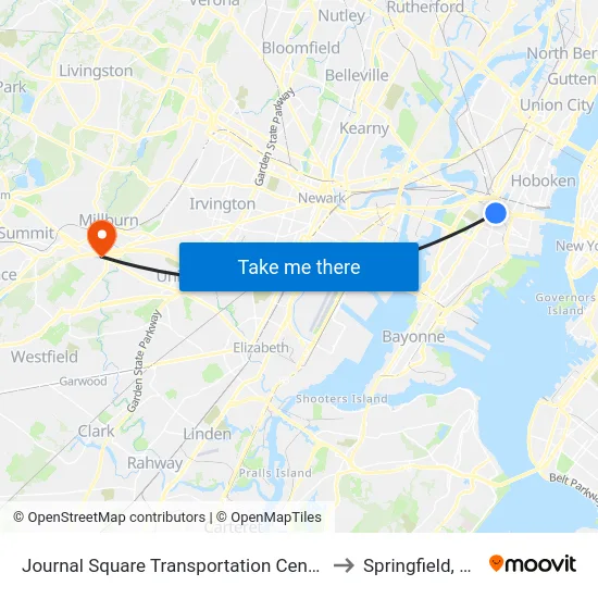 Journal Square Transportation Center to Springfield, NJ map