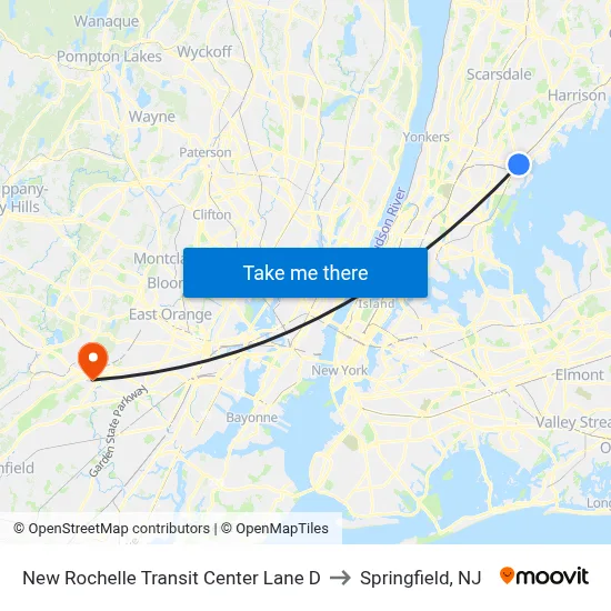 New Rochelle Transit Center Lane D to Springfield, NJ map