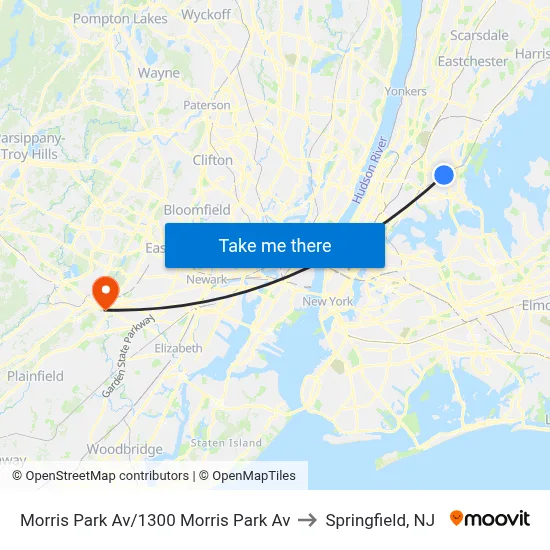 Morris Park Av/1300 Morris Park Av to Springfield, NJ map