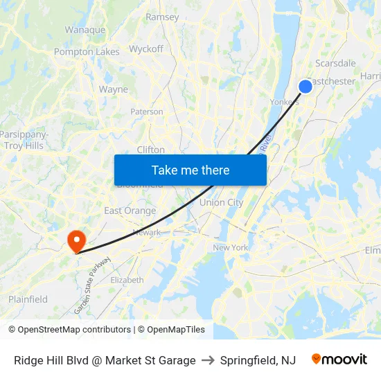 Ridge Hill Blvd @ Market St Garage to Springfield, NJ map