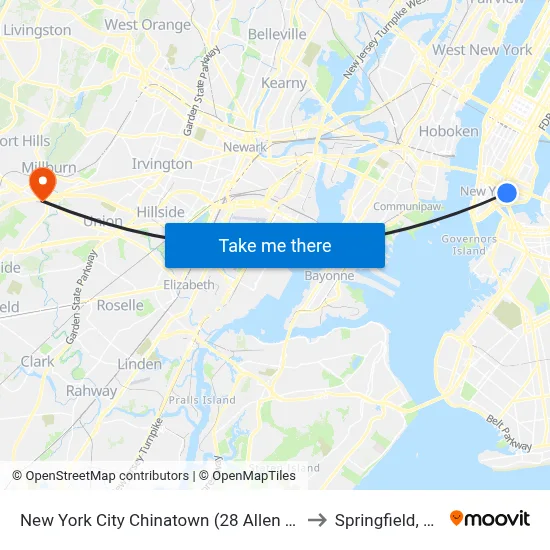 New York City Chinatown (28 Allen St) to Springfield, NJ map
