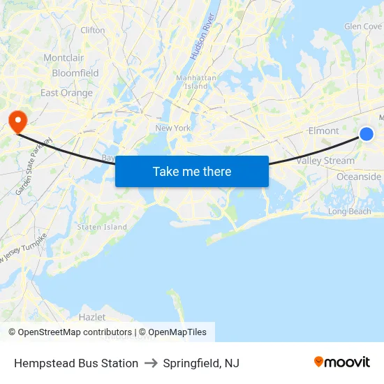 Hempstead Bus Station to Springfield, NJ map
