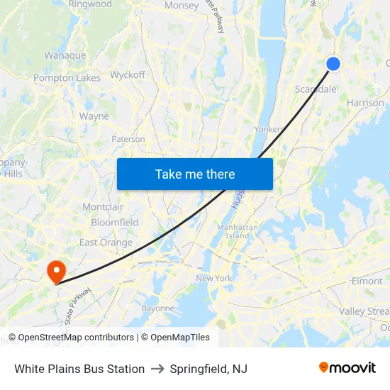 White Plains Bus Station to Springfield, NJ map