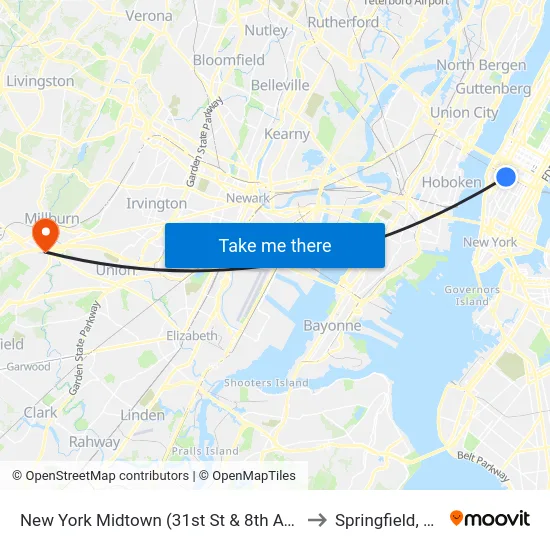 New York Midtown (31st St & 8th Ave) to Springfield, NJ map