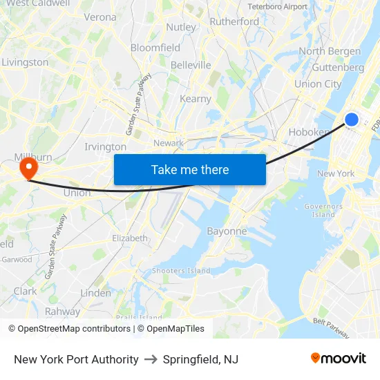 New York Port Authority to Springfield, NJ map