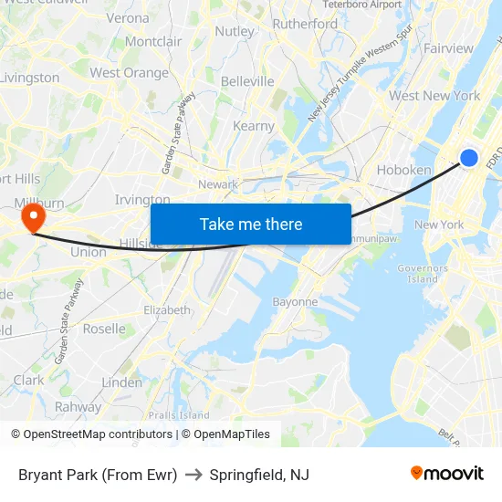 Bryant Park (From Ewr) to Springfield, NJ map