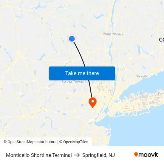 Monticello Shortline Terminal to Springfield, NJ map