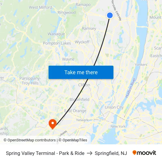 Spring Valley Terminal - Park & Ride to Springfield, NJ map