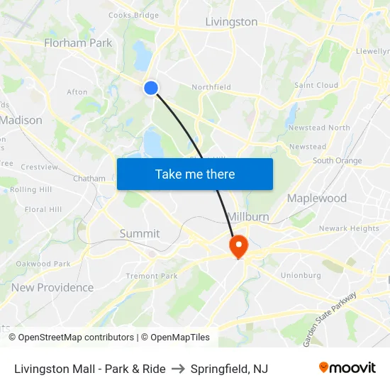 Livingston Mall - Park & Ride to Springfield, NJ map