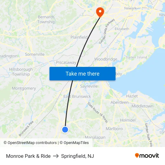 Monroe Park & Ride to Springfield, NJ map