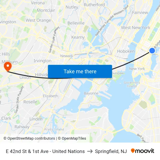 E 42nd St & 1st Ave - United Nations to Springfield, NJ map