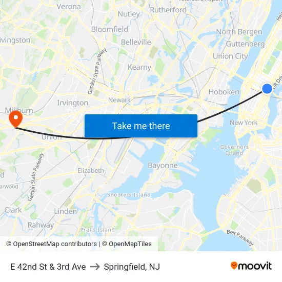 E 42nd St & 3rd Ave to Springfield, NJ map