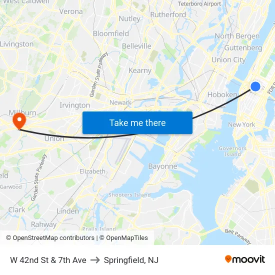 W 42nd St & 7th Ave to Springfield, NJ map