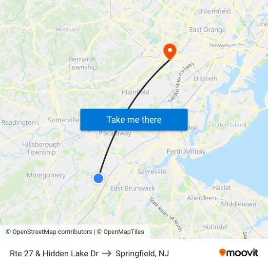 Rte 27 & Hidden Lake Dr to Springfield, NJ map