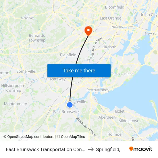 East Brunswick Transportation Center to Springfield, NJ map