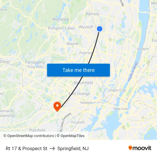 Rt 17 & Prospect St to Springfield, NJ map