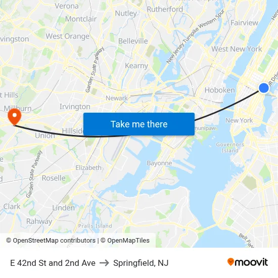 E 42nd St and 2nd Ave to Springfield, NJ map