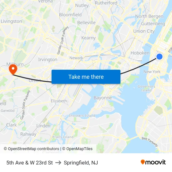 5th Ave & W 23rd St to Springfield, NJ map