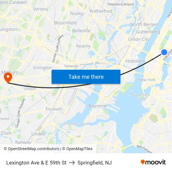Lexington Ave & E 59th St to Springfield, NJ map