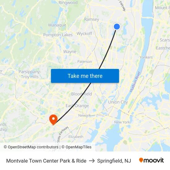 Montvale Town Center Park & Ride to Springfield, NJ map