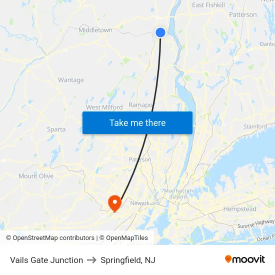 Vails Gate Junction to Springfield, NJ map