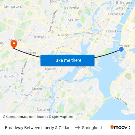 Broadway Between Liberty & Cedar St to Springfield, NJ map