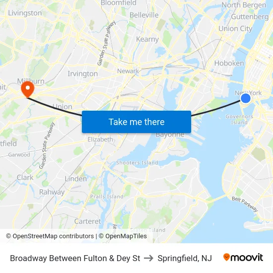 Broadway Between Fulton & Dey St to Springfield, NJ map