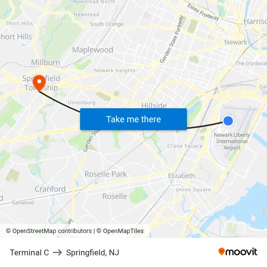 Terminal C to Springfield, NJ map