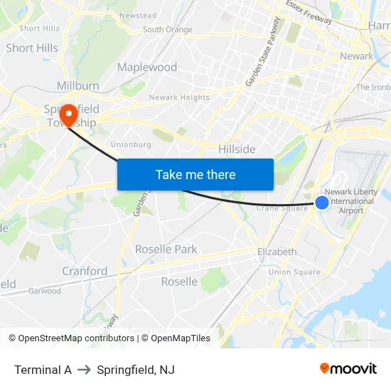 Terminal A to Springfield, NJ map