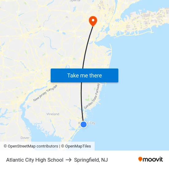 Atlantic City High School to Springfield, NJ map